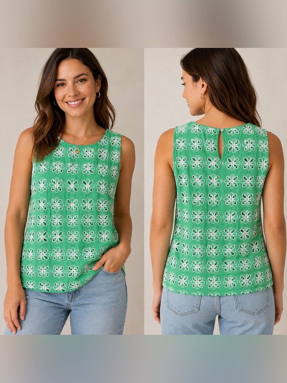 Boden Women’s Green White Eyelet Floral Sleeveless Top Blouse Size US 6